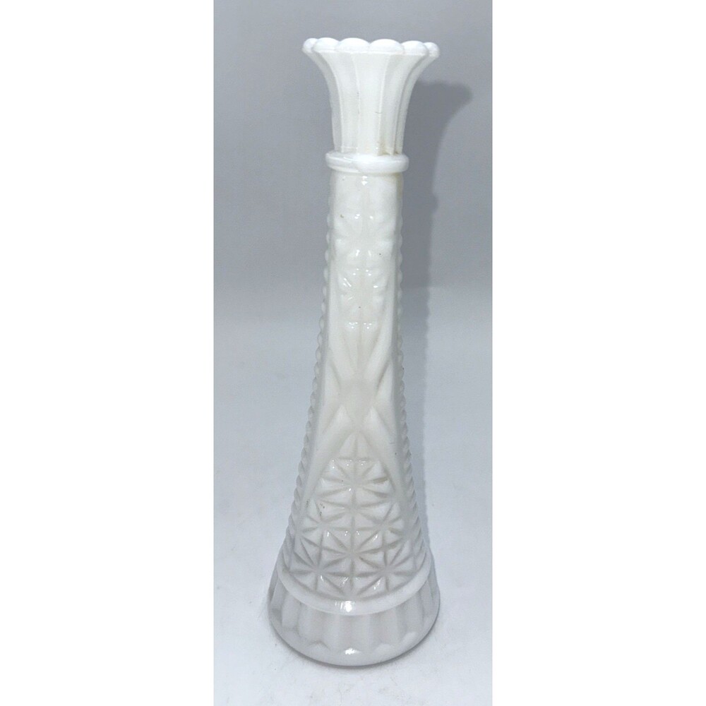 Vintage Anchor Hocking White Milk Glass Stars & Bars Bud Vase 9” Scallop Top